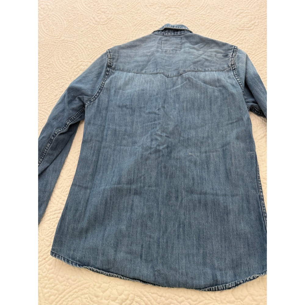 Stradivarius Denim Pearl Snap Shirt Mens Medium Blue Western Long Sleeve Slim - Picture 10 of 10
